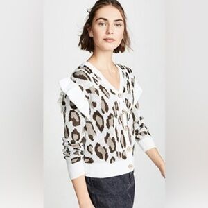 Chaser Leopard Print Jacquard Ruffle Button Down Cardigan Sweater sz S